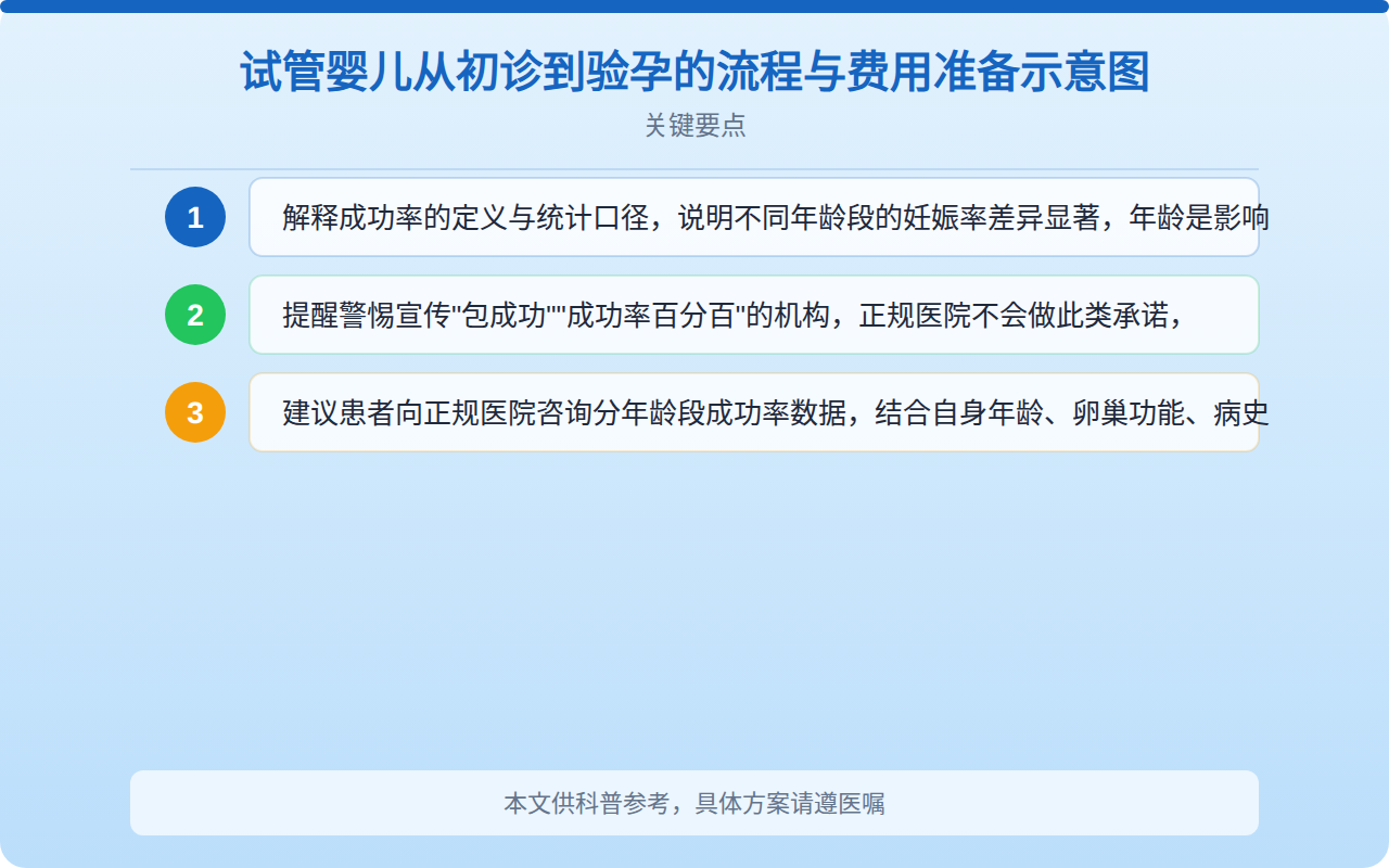 试管婴儿从初诊到验孕的流程与费用准备示意图