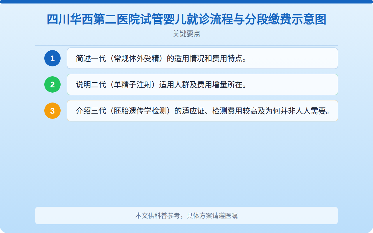 四川华西第二医院试管婴儿就诊流程与分段缴费示意图