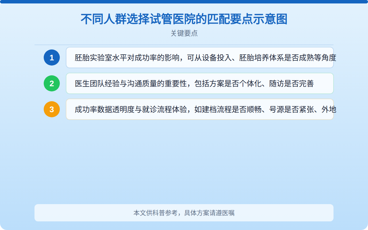 不同人群选择试管医院的匹配要点示意图