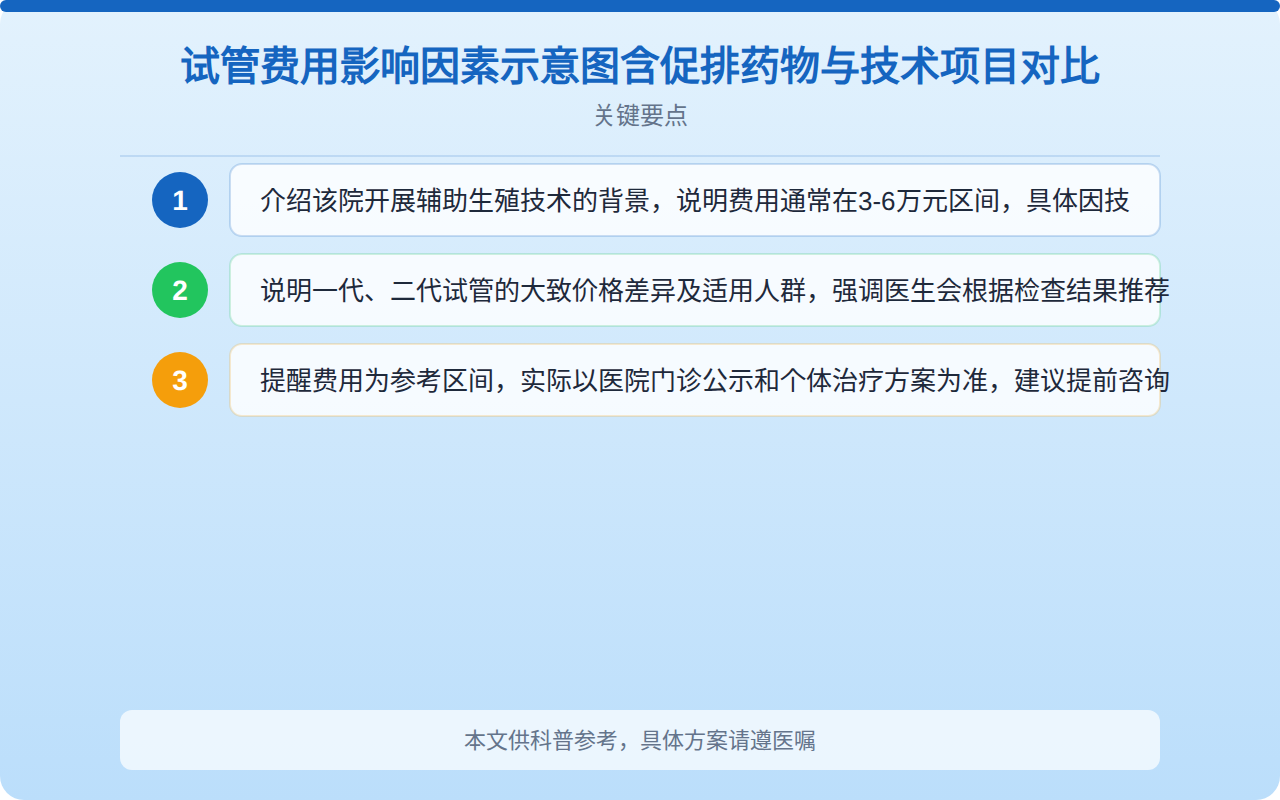 试管费用影响因素示意图含促排药物与技术项目对比