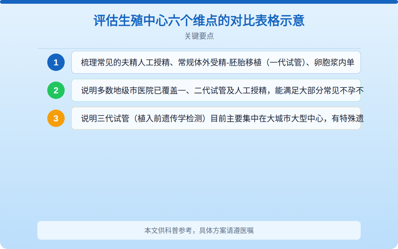 评估生殖中心六个维点的对比表格示意