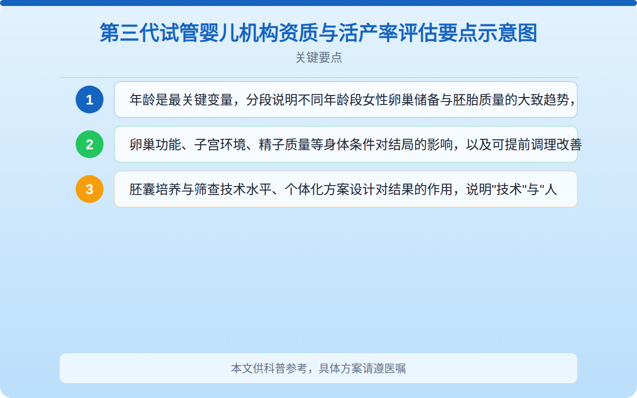 第三代试管婴儿机构资质与活产率评估要点示意图