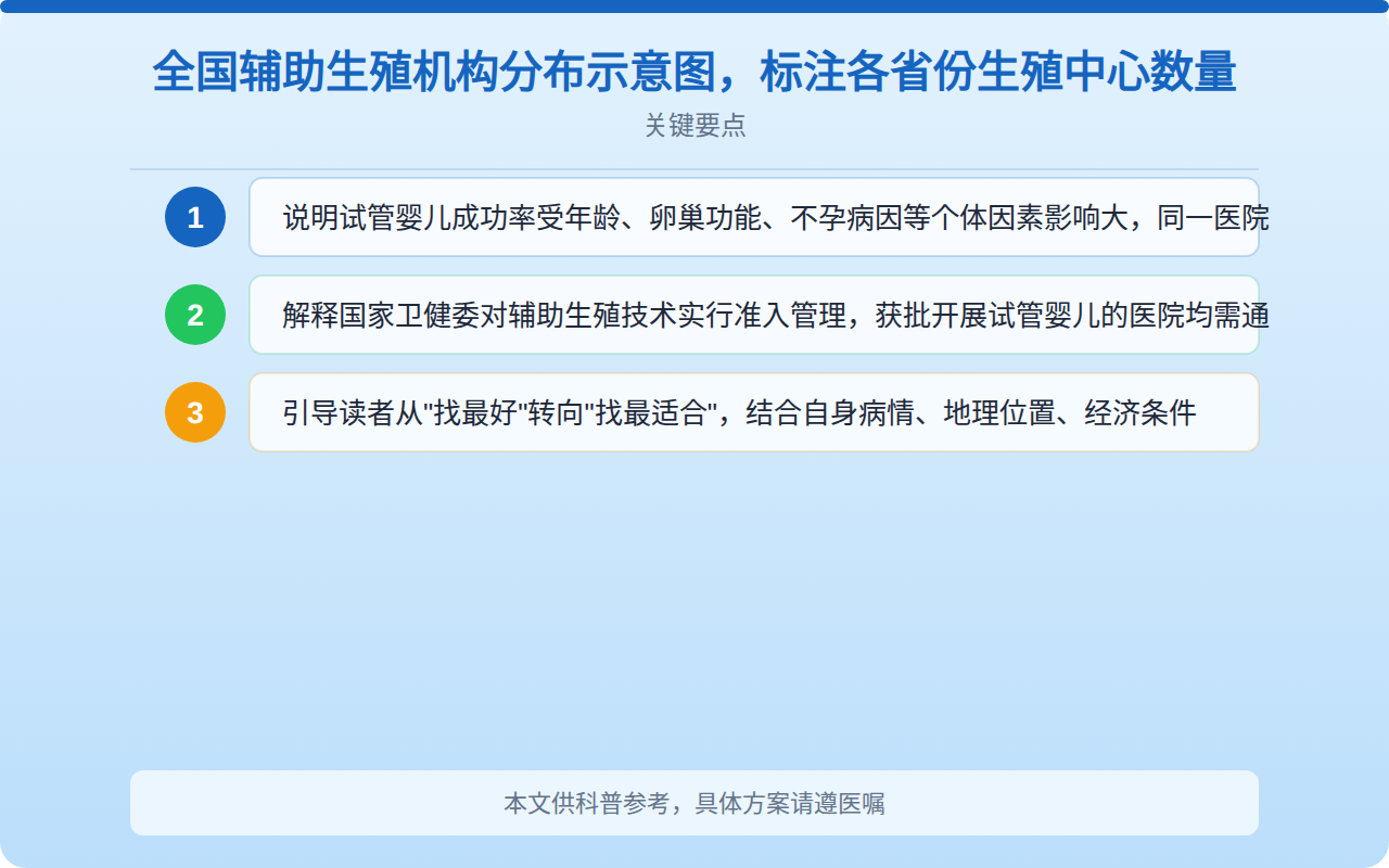 全国辅助生殖机构分布示意图，标注各省份生殖中心数量